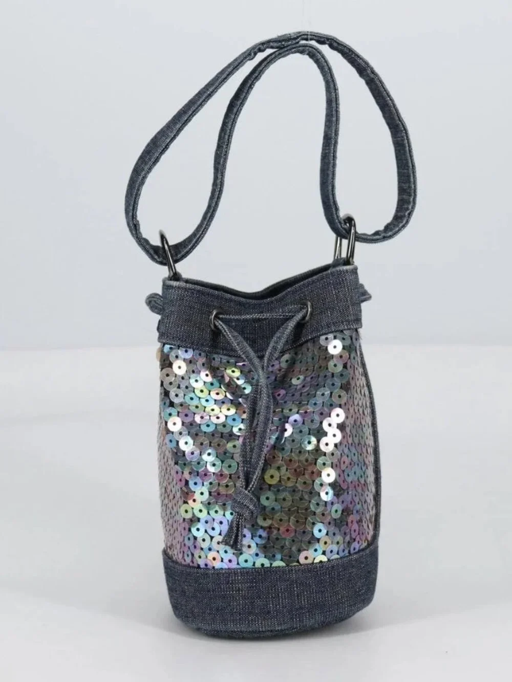 CHANEL Sequin Hand Bag Denim Blue CC Auth 139014SAV
